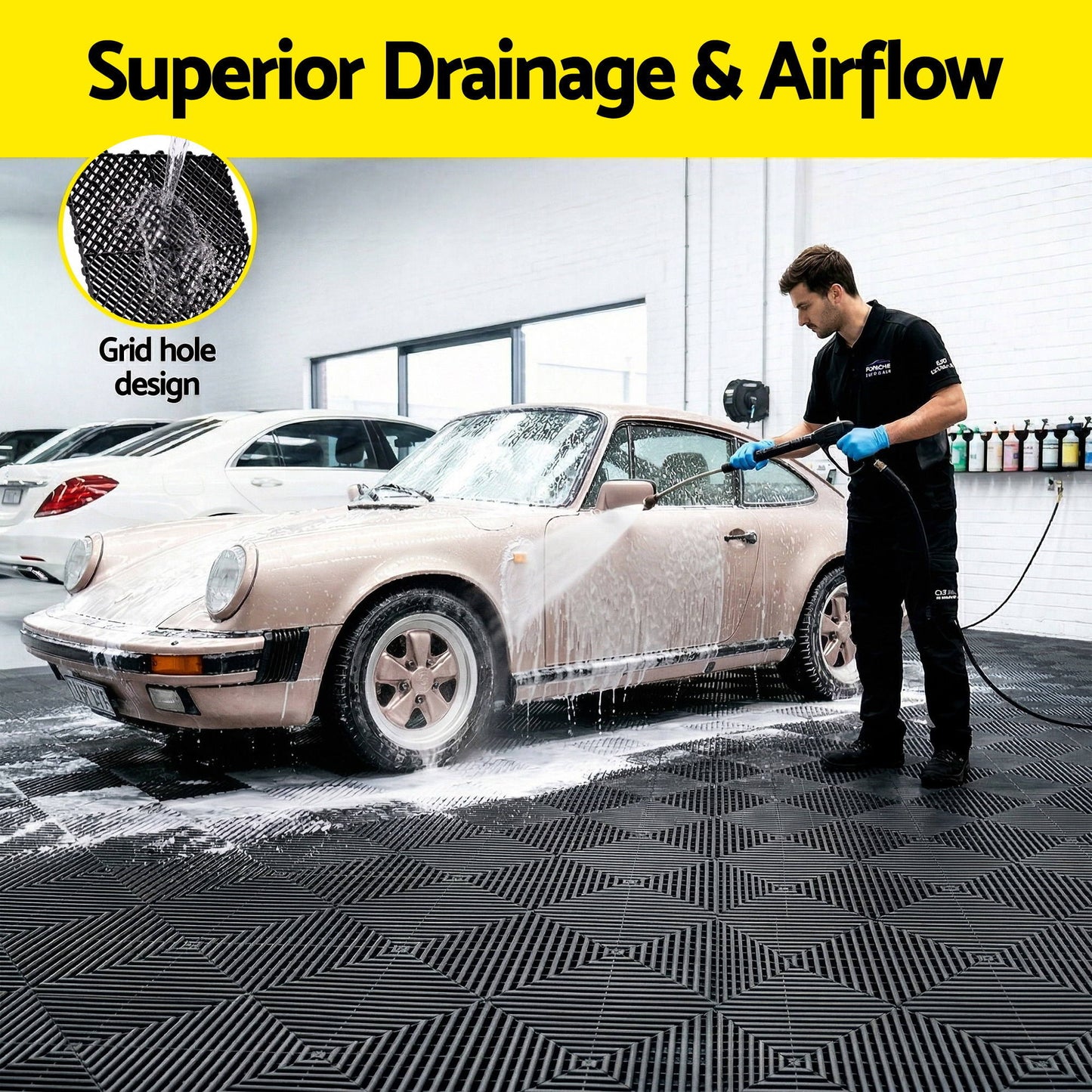 Giantz 20PCS Garage Floor Tiles Interlocking Drainage Non-Slip Tiles Heavy Duty for Workshop Black GFT-40X40-20P-BK