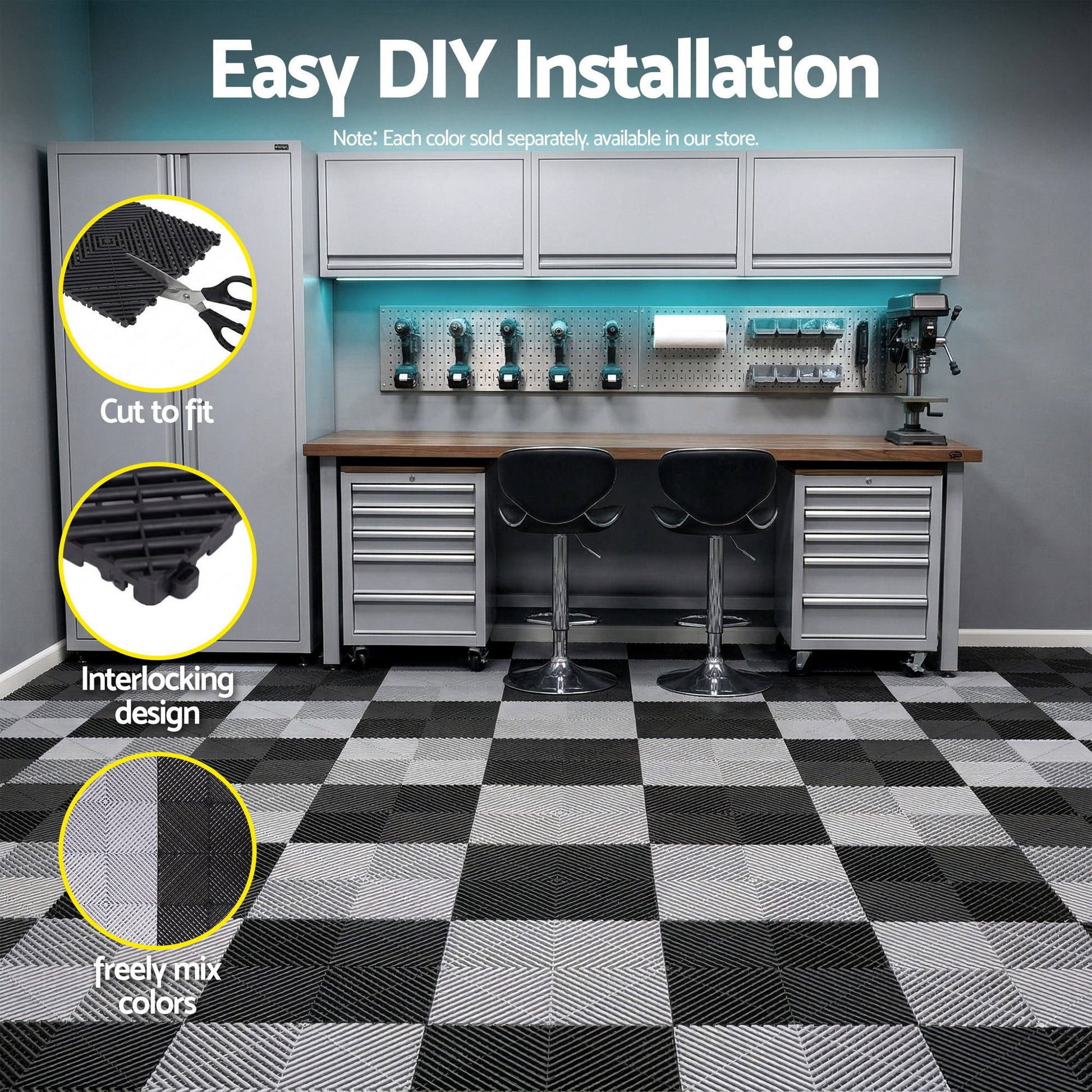 Giantz 20PCS Garage Floor Tiles Interlocking Drainage Non-Slip Tiles Heavy Duty for Workshop Black GFT-40X40-20P-BK