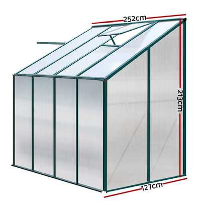 Green Fingers Greenhouse 2.52x1.27x2.13M Lean-to Aluminium Polycarbonate Green House Garden Shed GH-ALU-252X127-GN-AB
