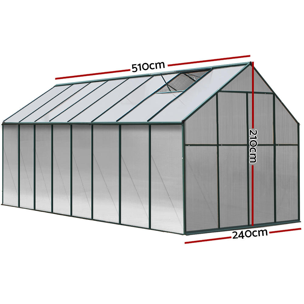 Green Fingers Greenhouse 5.1x2.44x2.1M Aluminium Polycarbonate Green House Garden Shed GH-ALU-510X244-GN-AB