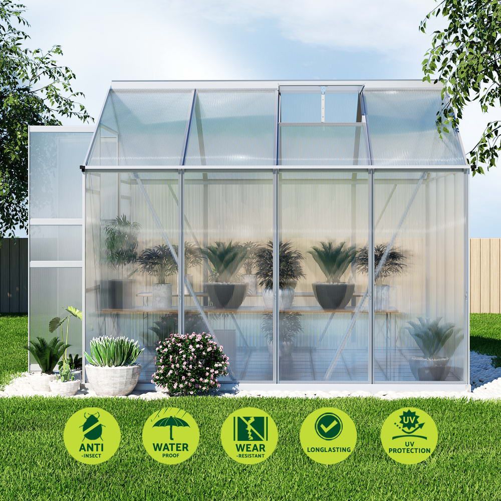 Green Fingers Greenhouse 2.42x2.5x2.26M Aluminium Double Doors Green House Garden Shed GH-ALU-C-242X250-DOU-AB
