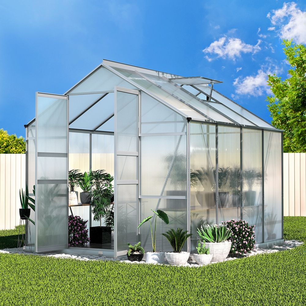 Green Fingers Greenhouse 2.42x2.5x2.26M Aluminium Double Doors Green House Garden Shed GH-ALU-C-242X250-DOU-AB