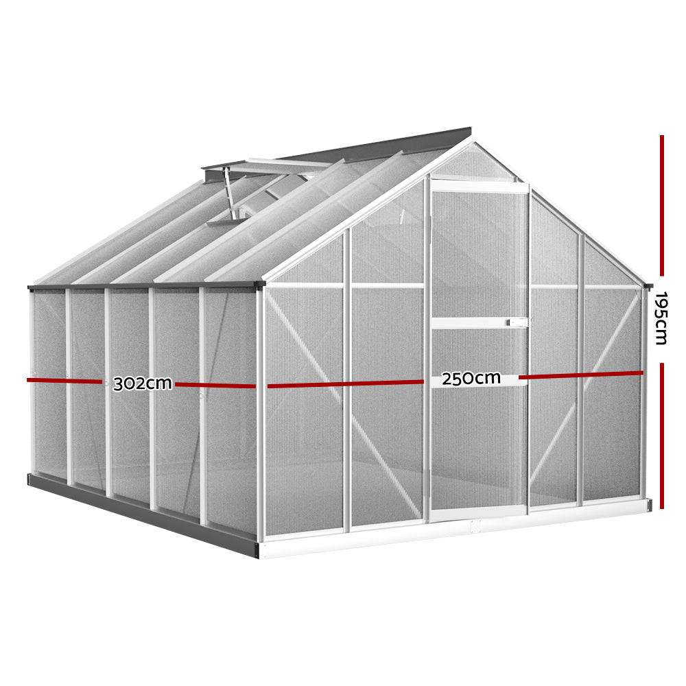 Green Fingers Greenhouse 3x2.5x1.95M Aluminium Polycarbonate Green House Garden Shed GH-ALU-C-302X250-AB