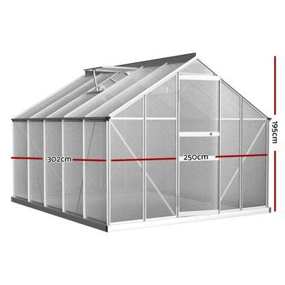 Green Fingers Greenhouse 3x2.5x1.95M Aluminium Polycarbonate Green House Garden Shed GH-ALU-C-302X250-AB