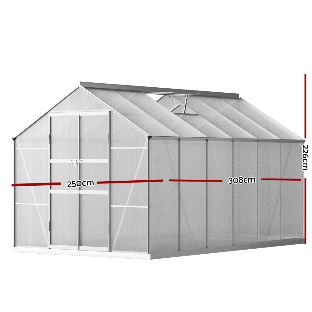 Green Fingers Greenhouse 3x2.5x2.26M Double Doors Aluminium Green House Garden Shed GH-ALU-C-308X250-DOU-AB