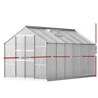Green Fingers Greenhouse 3x2.5x2.26M Double Doors Aluminium Green House Garden Shed GH-ALU-C-308X250-DOU-AB