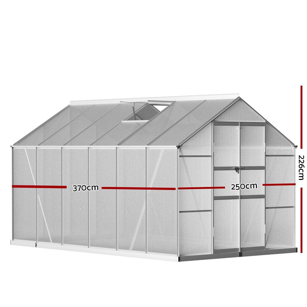 Green Fingers Greenhouse 3.7x2.5x2.26M Double Doors Aluminium Green House Garden Shed GH-ALU-C-370X250-DOU-AB