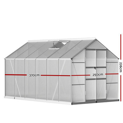 Green Fingers Greenhouse 3.7x2.5x2.26M Double Doors Aluminium Green House Garden Shed GH-ALU-C-370X250-DOU-AB