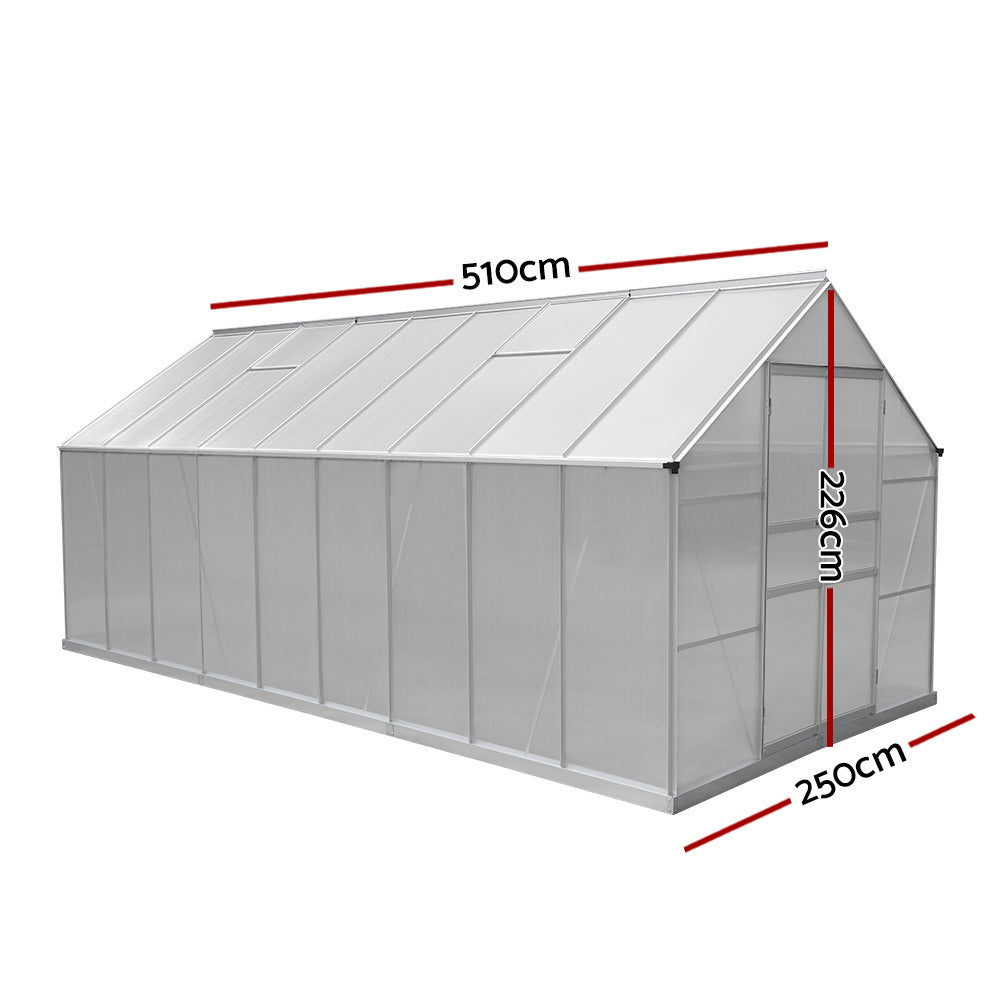 Greenfingers Greenhouse 5.1x2.5x2.26M Double Doors Aluminium Green House Garden Shed GH-ALU-C-510X250-DOU-AB
