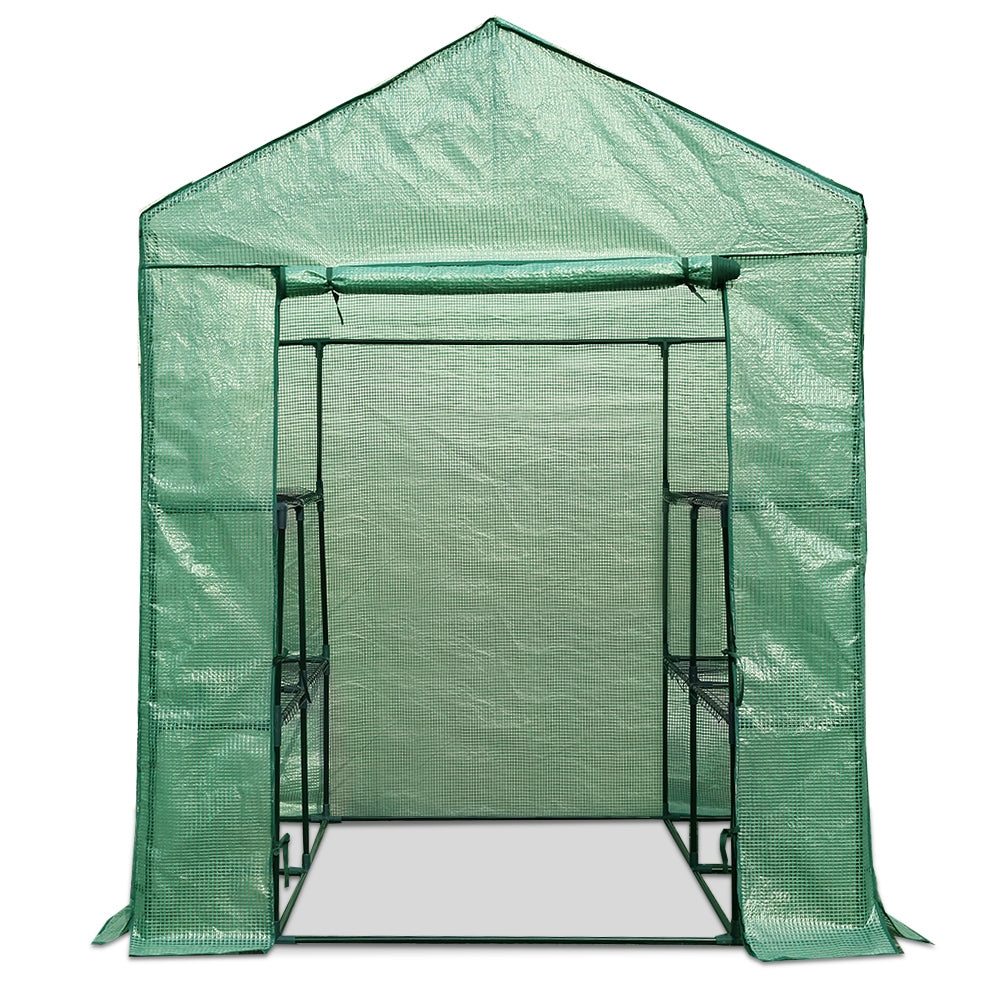 Green Fingers Greenhouse 1.4x1.55x2M Walk in Green House Tunnel Plant Garden Shed 8 Shelves GH-WALK-14X15-GR