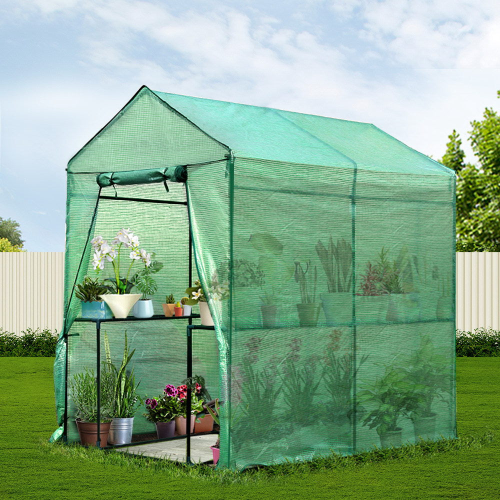Green Fingers Greenhouse 1.2x1.9x1.9M Walk in Green House Tunnel Plant Garden Shed 4 Shelves GH-WALK-19X12-GR