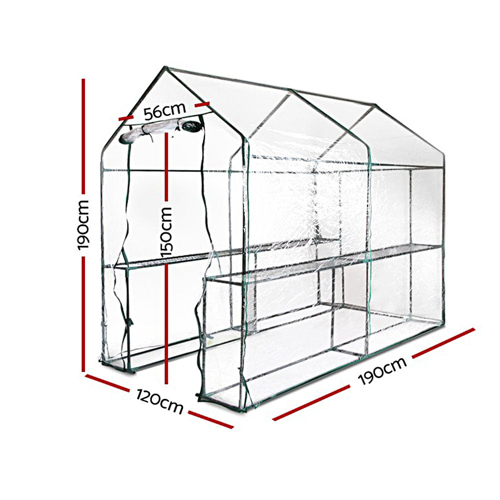Green Fingers Greenhouse 1.2x1.9x1.9M Walk in Green House Tunnel Clear Garden Shed 4 Shelves GH-WALK-19X12-TP