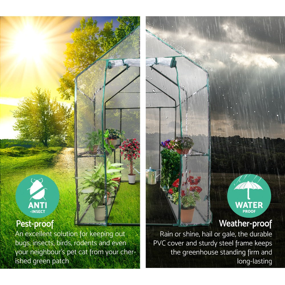 Green Fingers Greenhouse 1.2x1.9x1.9M Walk in Green House Tunnel Clear Garden Shed 4 Shelves GH-WALK-19X12-TP