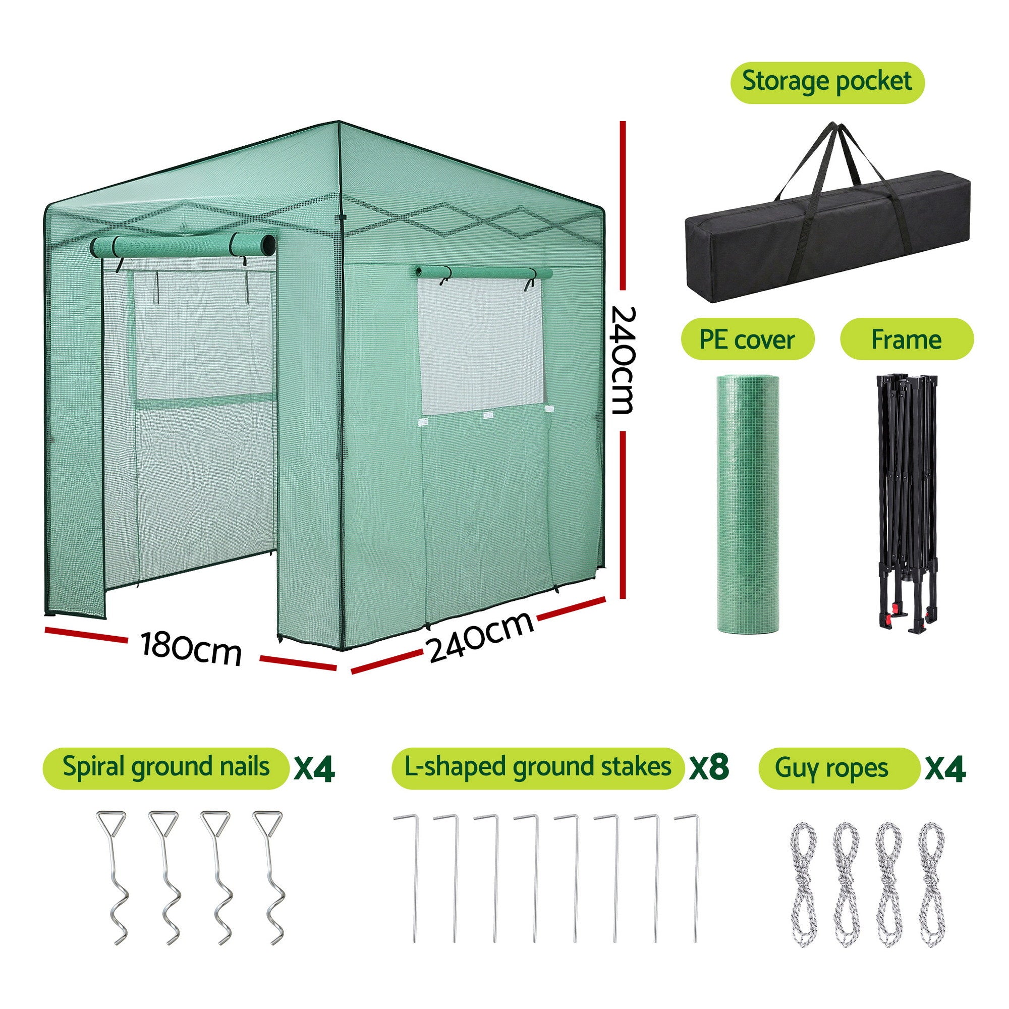 Green Fingers Greenhouse 180x240x240cm Steel Frame PE Cover Outdoor Shelter GH-WALK-PH-24X18