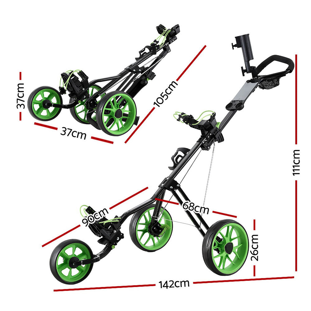 Everfit Golf Buggy Quick Folding Trolley Golf Cart 3 Wheels Height Adjustable GOLF-A-BUGGY-3-GN