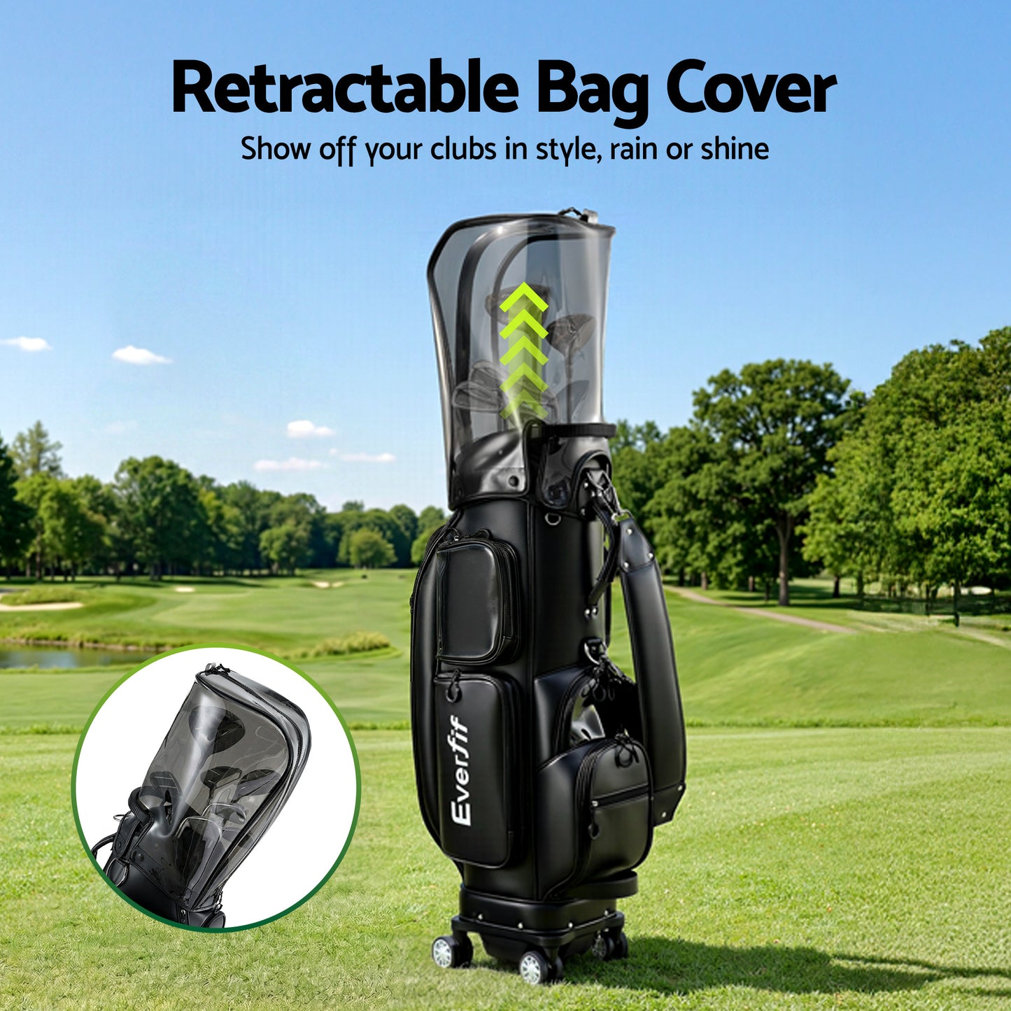 Everfit Golf Cart Bag Rolling Buggy Club Organiser Synthetic Leather Black GOLF-B-BAG-CART-BK