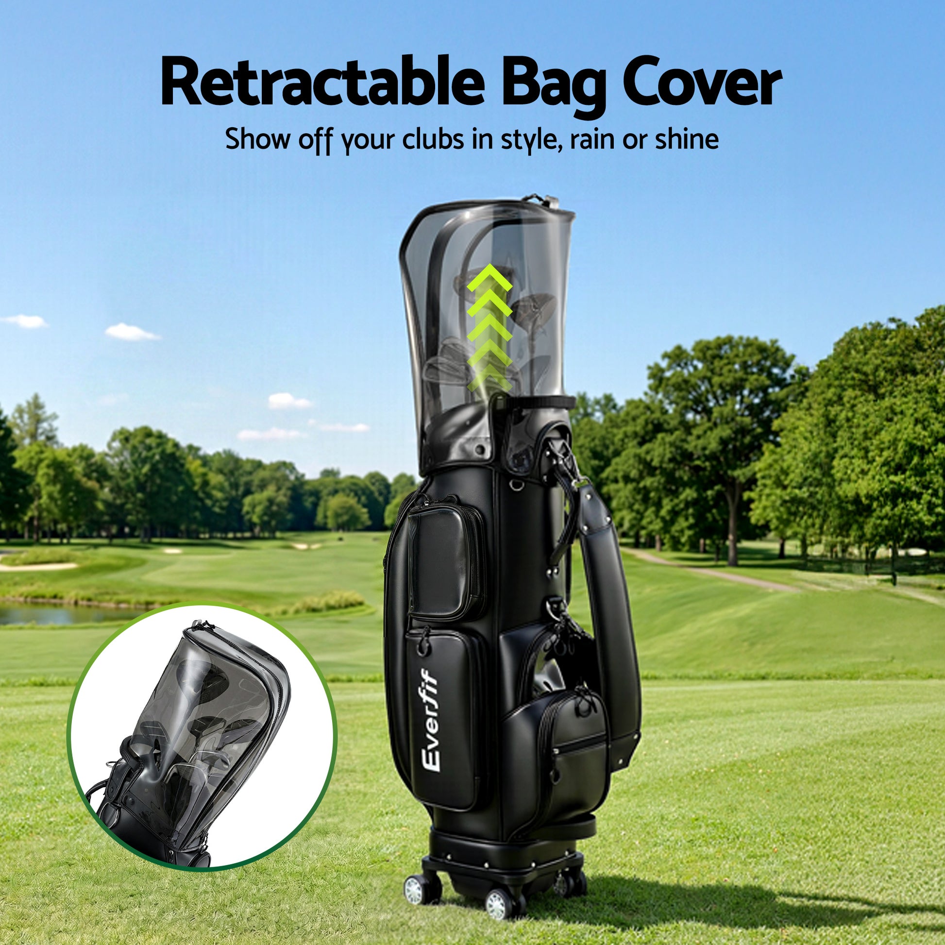 Everfit Golf Cart Bag Rolling Buggy Club Organiser Synthetic Leather Black GOLF-B-BAG-CART-BK