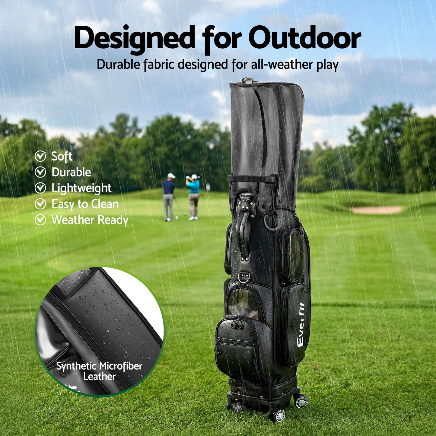 Everfit Golf Cart Bag Rolling Buggy Club Organiser Synthetic Leather Black GOLF-B-BAG-CART-BK