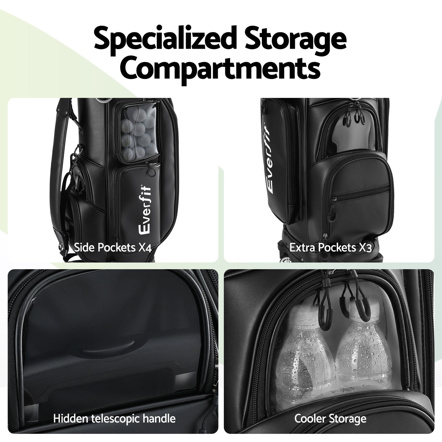 Everfit Golf Cart Bag Rolling Buggy Club Organiser Synthetic Leather Black GOLF-B-BAG-CART-BK