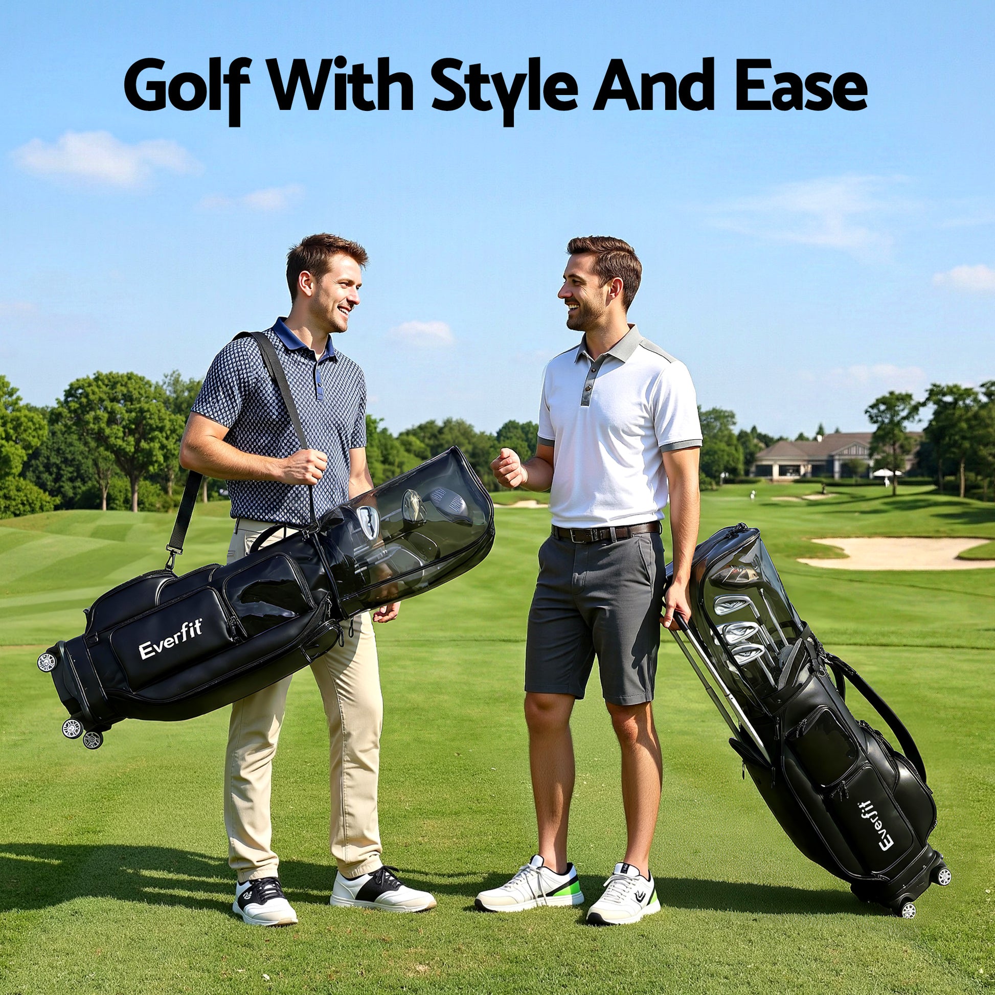 Everfit Golf Cart Bag Rolling Buggy Club Organiser Synthetic Leather Black GOLF-B-BAG-CART-BK