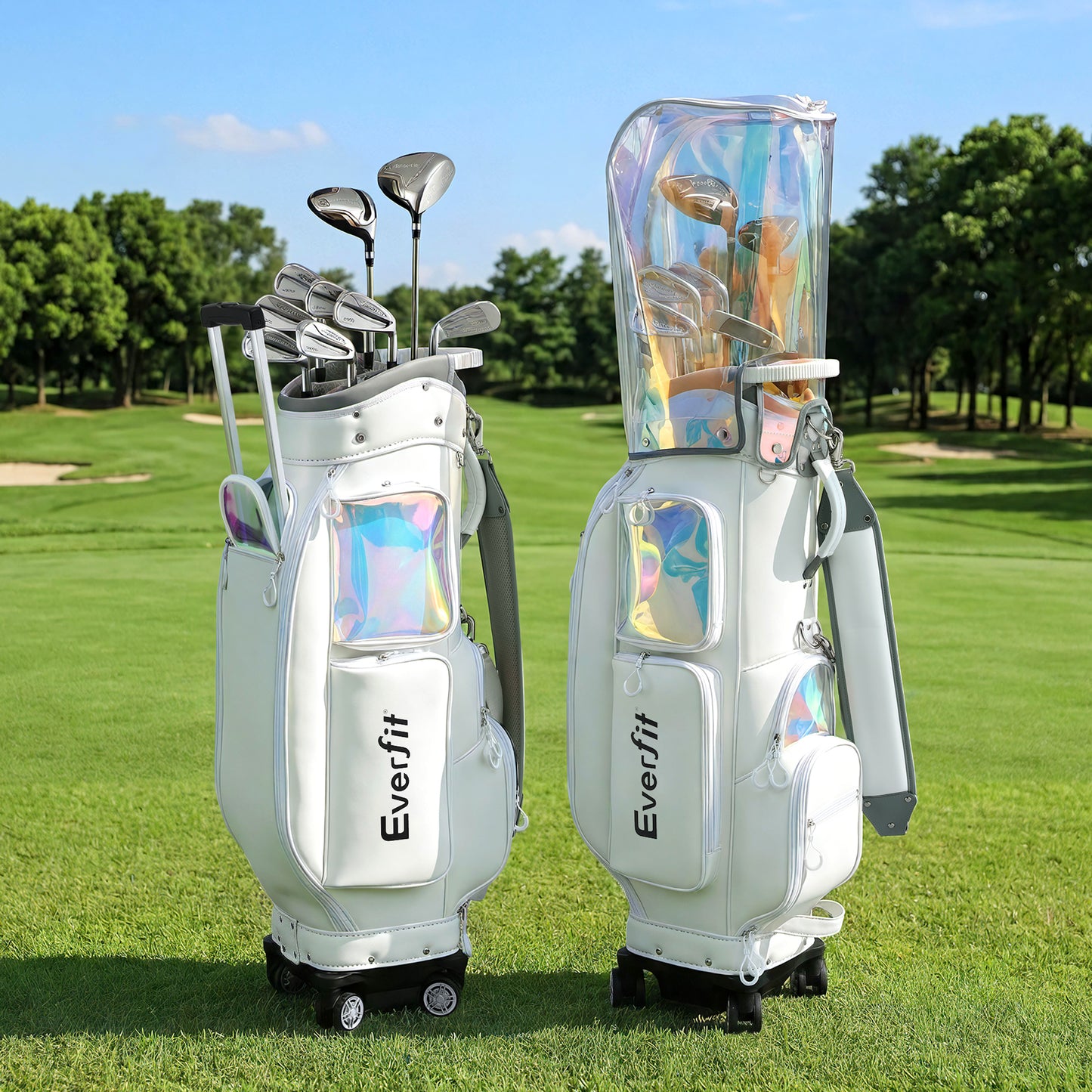 Everfit Golf Cart Bag Rolling Buggy Club Organiser Synthetic Leather White GOLF-B-BAG-CART-WH