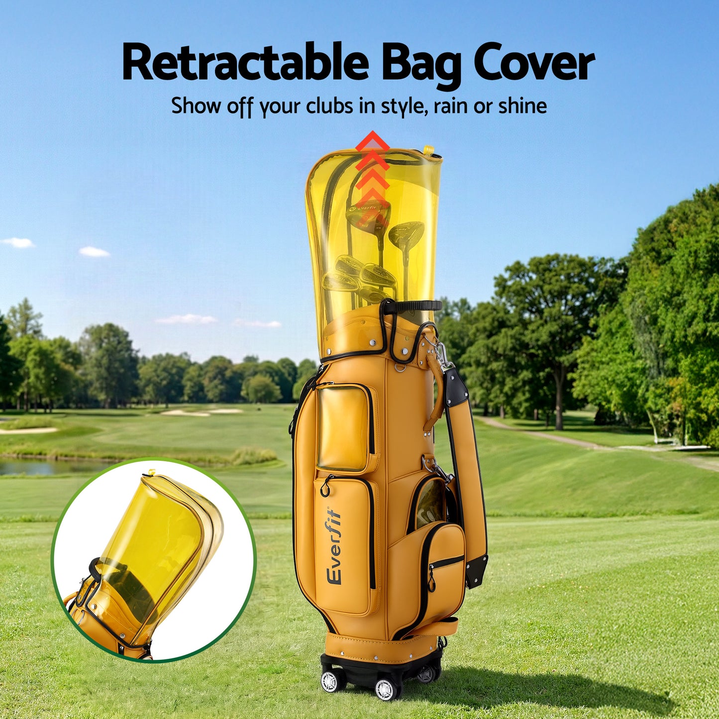 Everfit Golf Cart Bag Rolling Buggy Club Organiser Synthetic Leather Yellow GOLF-B-BAG-CART-YE