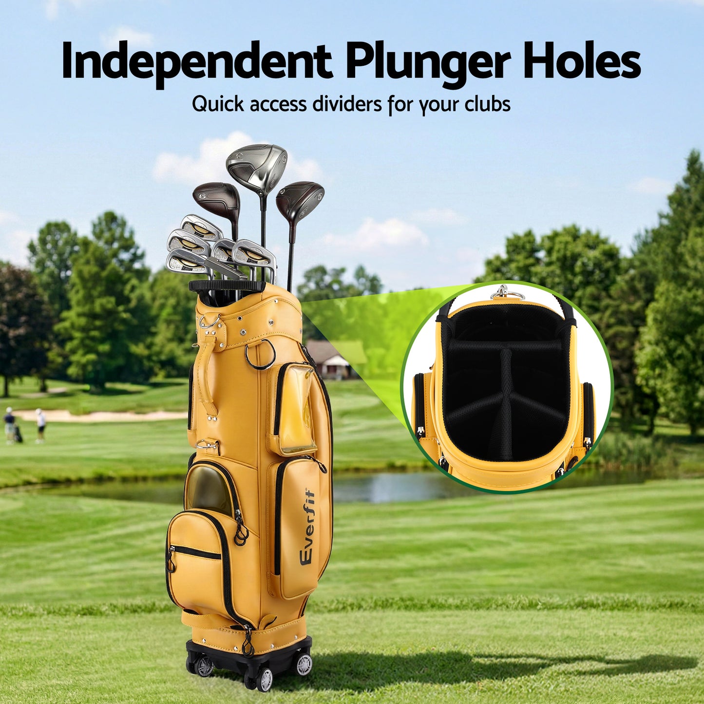 Everfit Golf Cart Bag Rolling Buggy Club Organiser Synthetic Leather Yellow GOLF-B-BAG-CART-YE