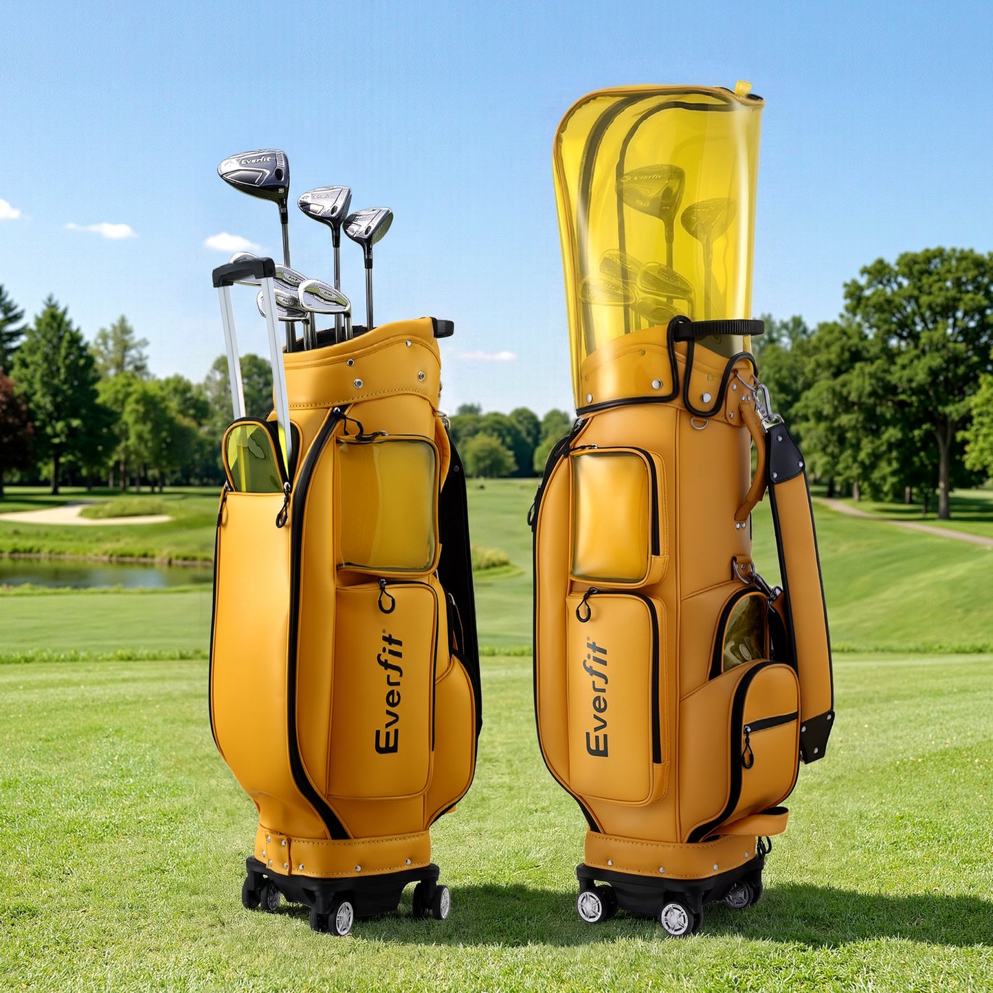 Everfit Golf Cart Bag Rolling Buggy Club Organiser Synthetic Leather Yellow GOLF-B-BAG-CART-YE