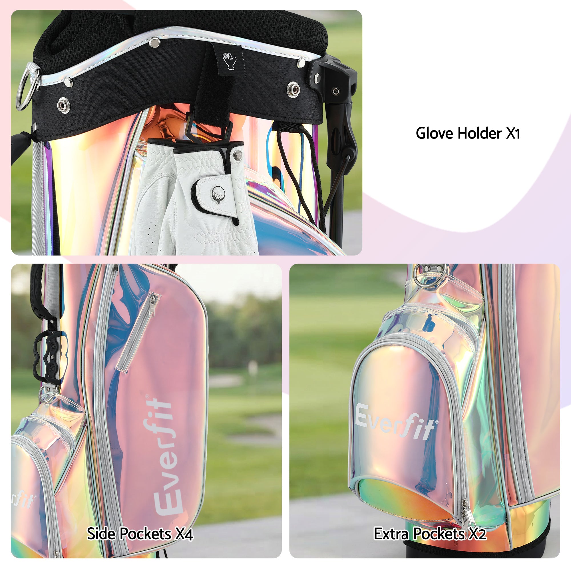Everfit Golf Stand Bag Lightweight Carry Bag Dual Strap Club Divider Holographic GOLF-B-BAG-STAND-C-C
