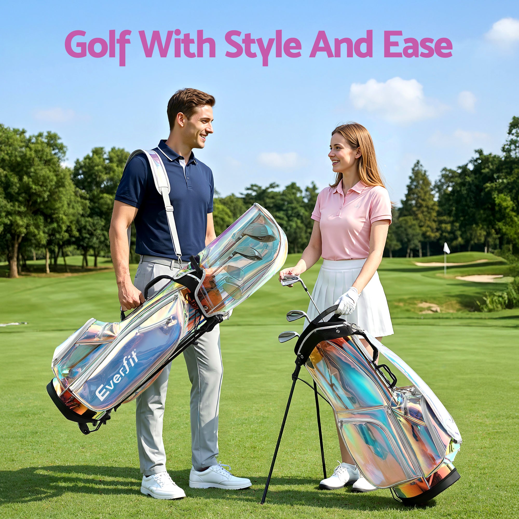 Everfit Golf Stand Bag Lightweight Carry Bag Dual Strap Club Divider Holographic GOLF-B-BAG-STAND-C-C