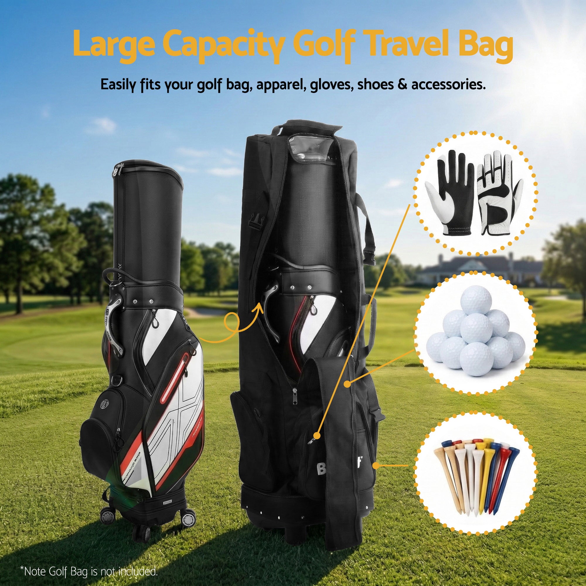 Everfit Golf Travel Bag Flight Cover Foldable Soft Case Wheels Black GOLF-B-BAG-TRAVEL-BK