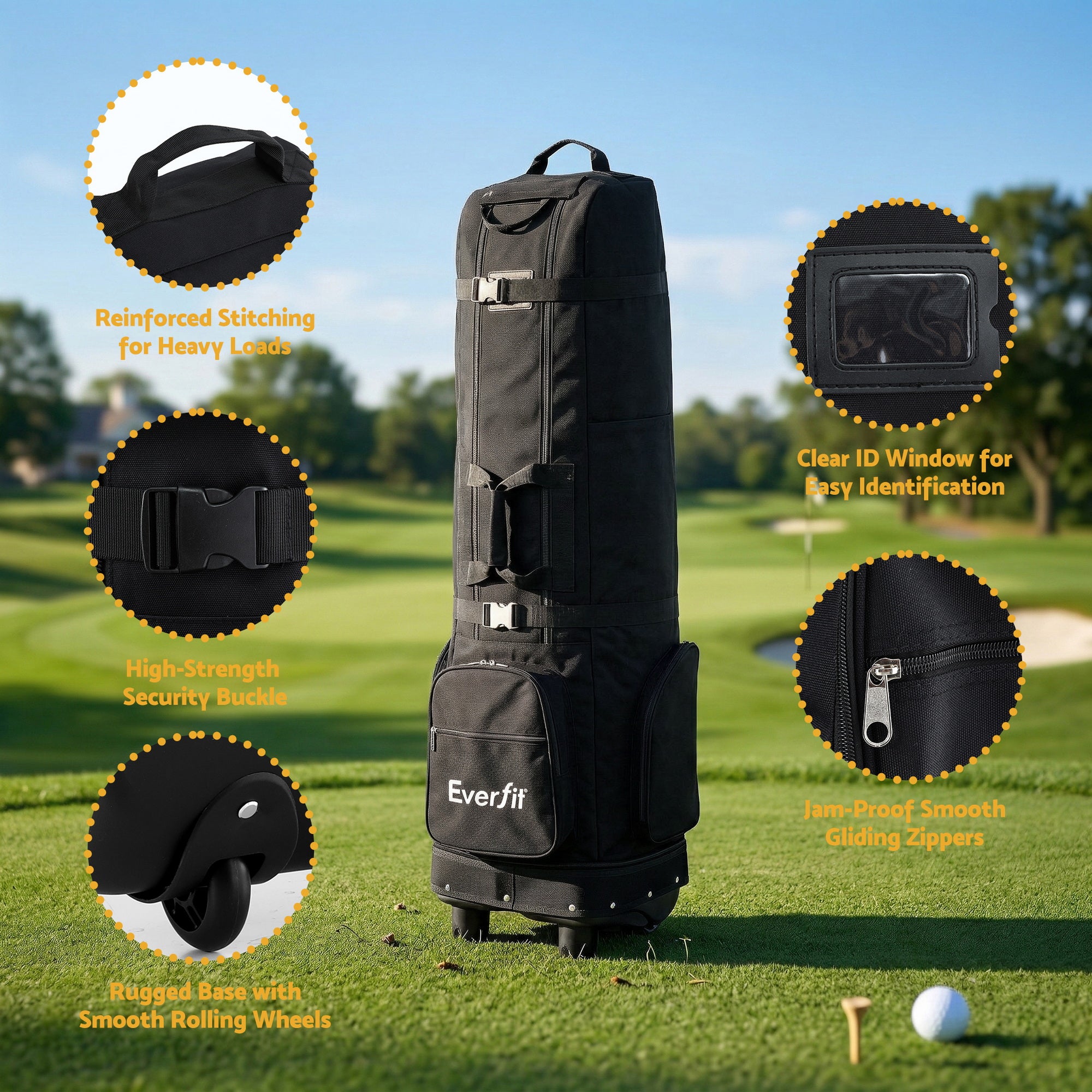 Everfit Golf Travel Bag Flight Cover Foldable Soft Case Wheels Black GOLF-B-BAG-TRAVEL-BK