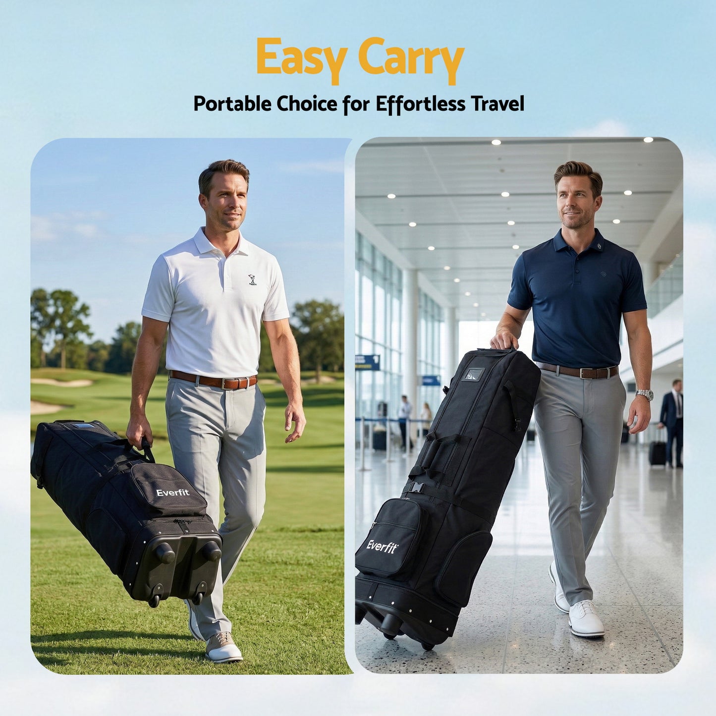 Everfit Golf Travel Bag Flight Cover Foldable Soft Case Wheels Black GOLF-B-BAG-TRAVEL-BK