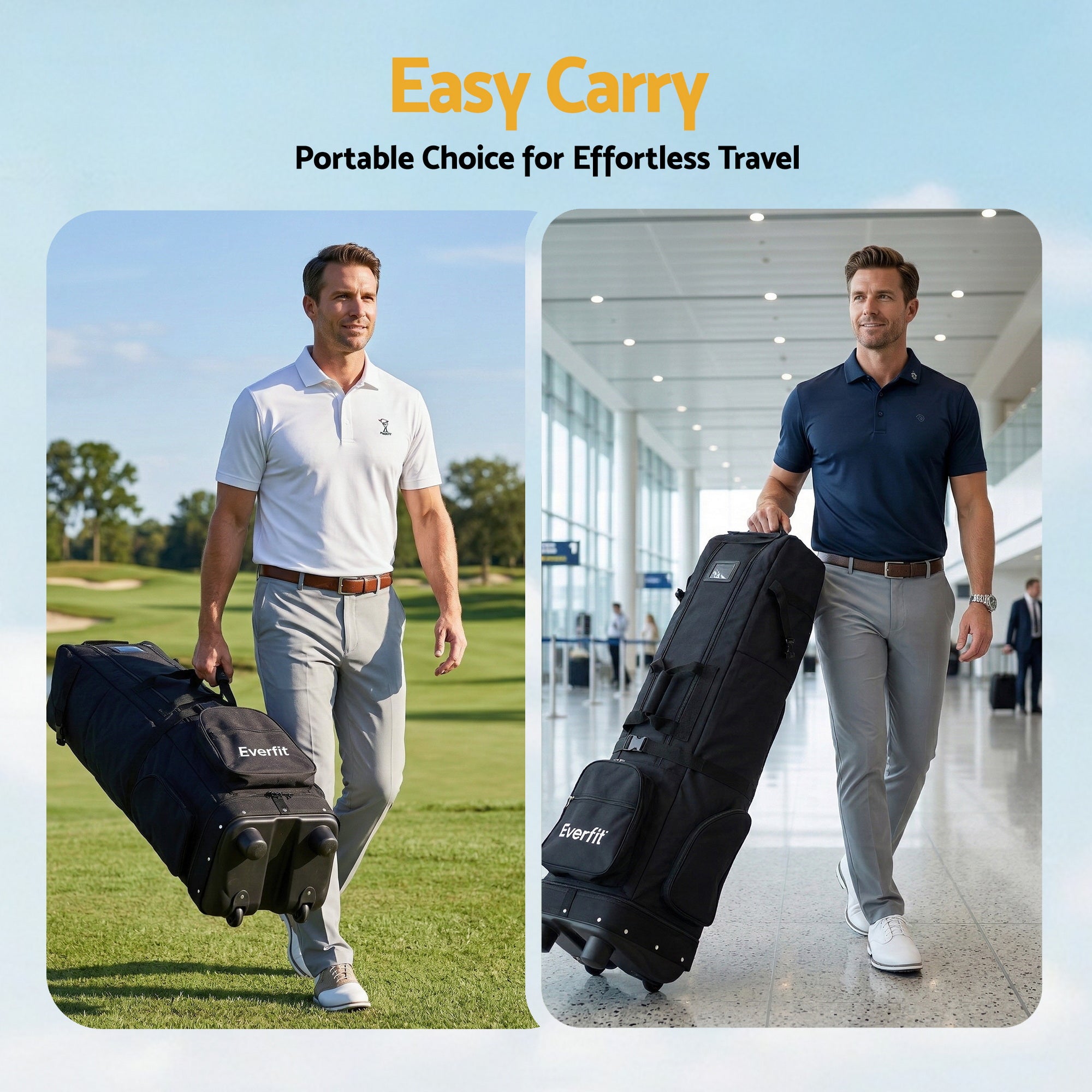 Everfit Golf Travel Bag Flight Cover Foldable Soft Case Wheels Black GOLF-B-BAG-TRAVEL-BK