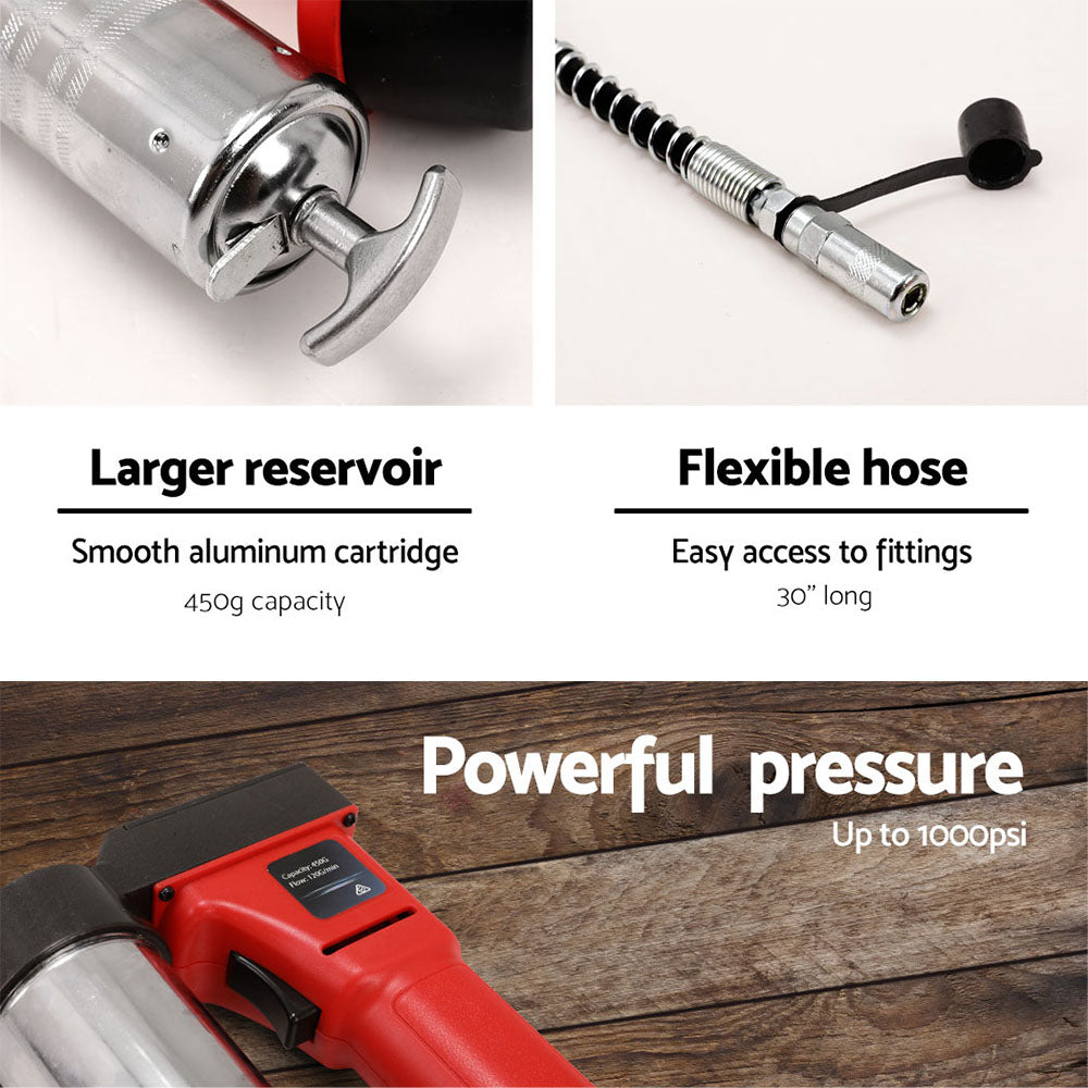 Giantz Grease Gun Cordless 20v 450g 9000PSI 76cm Hose Electric Battery Cartridge GREASE-20V-10000-RD