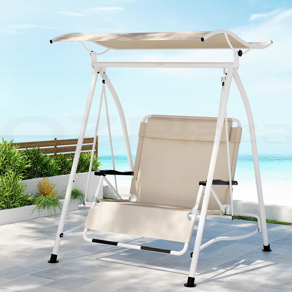 Gardeon Outdoor Swing Chair Garden Lounger Furniture Canopy 2 Seater Beige GSC-BST-2S-LOUNGE-BE