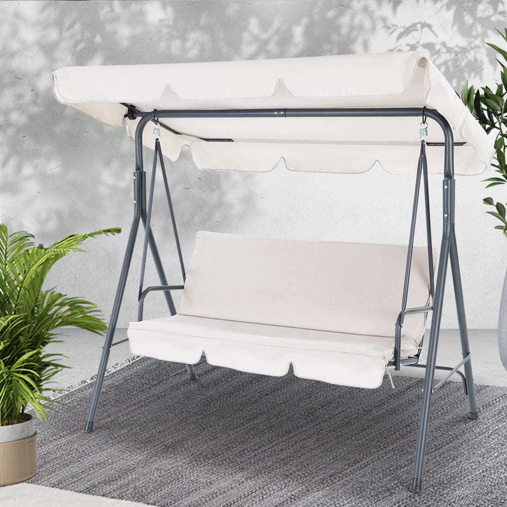 Gardeon Outdoor Swing Chair Garden Chair Bench Furniture Canopy 3 Seater Beige GSC-BST-3S-BE