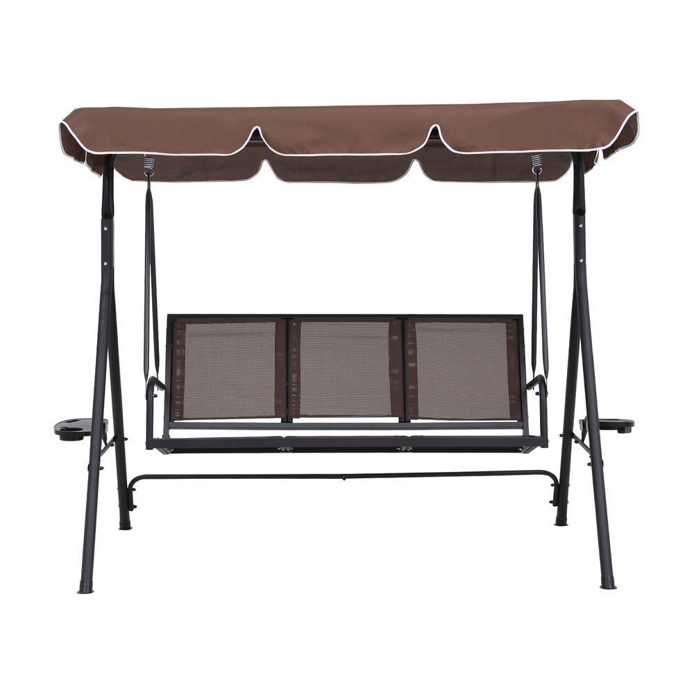 Gardeon Outdoor Swing Chair Garden Chair Canopy Cup Holder 3 Seater Brown GSC-BST-3S-CUP-BR
