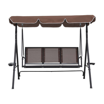 Gardeon Outdoor Swing Chair Garden Chair Canopy Cup Holder 3 Seater Brown GSC-BST-3S-CUP-BR