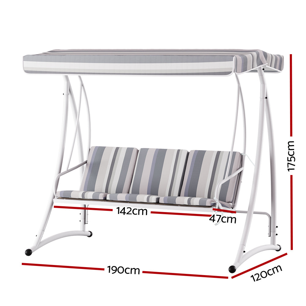 Gardeon Outdoor Swing Chair Garden Bench Furniture Canopy 3 Seater White Grey GSC-BST-3S-WHGR