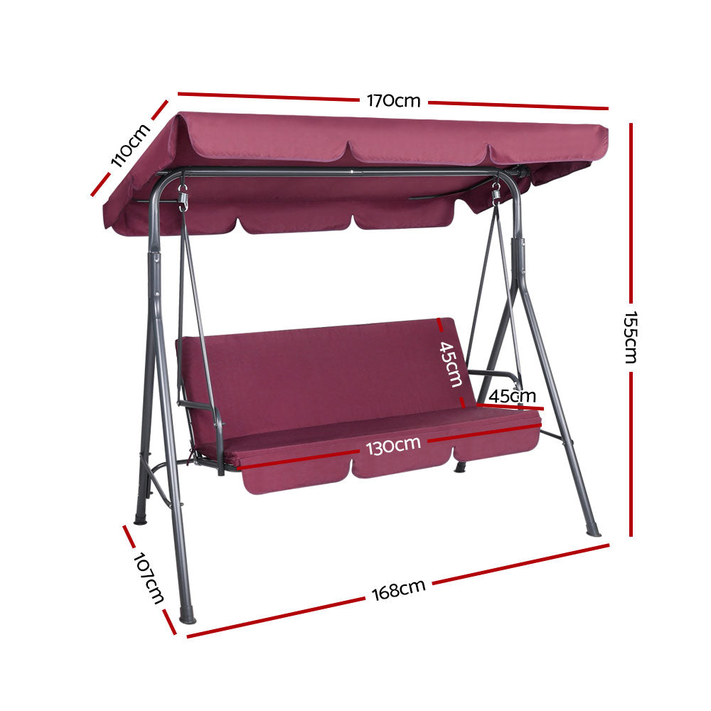 Gardeon Outdoor Swing Chair Garden Bench Furniture Canopy 3 Seater Wine Red GSC-BST-3S-WR