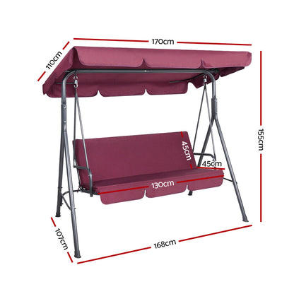 Gardeon Outdoor Swing Chair Garden Bench Furniture Canopy 3 Seater Wine Red GSC-BST-3S-WR