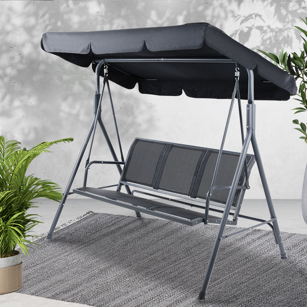 Gardeon Outdoor Swing Chair Garden Bench Furniture Canopy 3 Seater Mesh Black GSC-BST-LD2A-BK