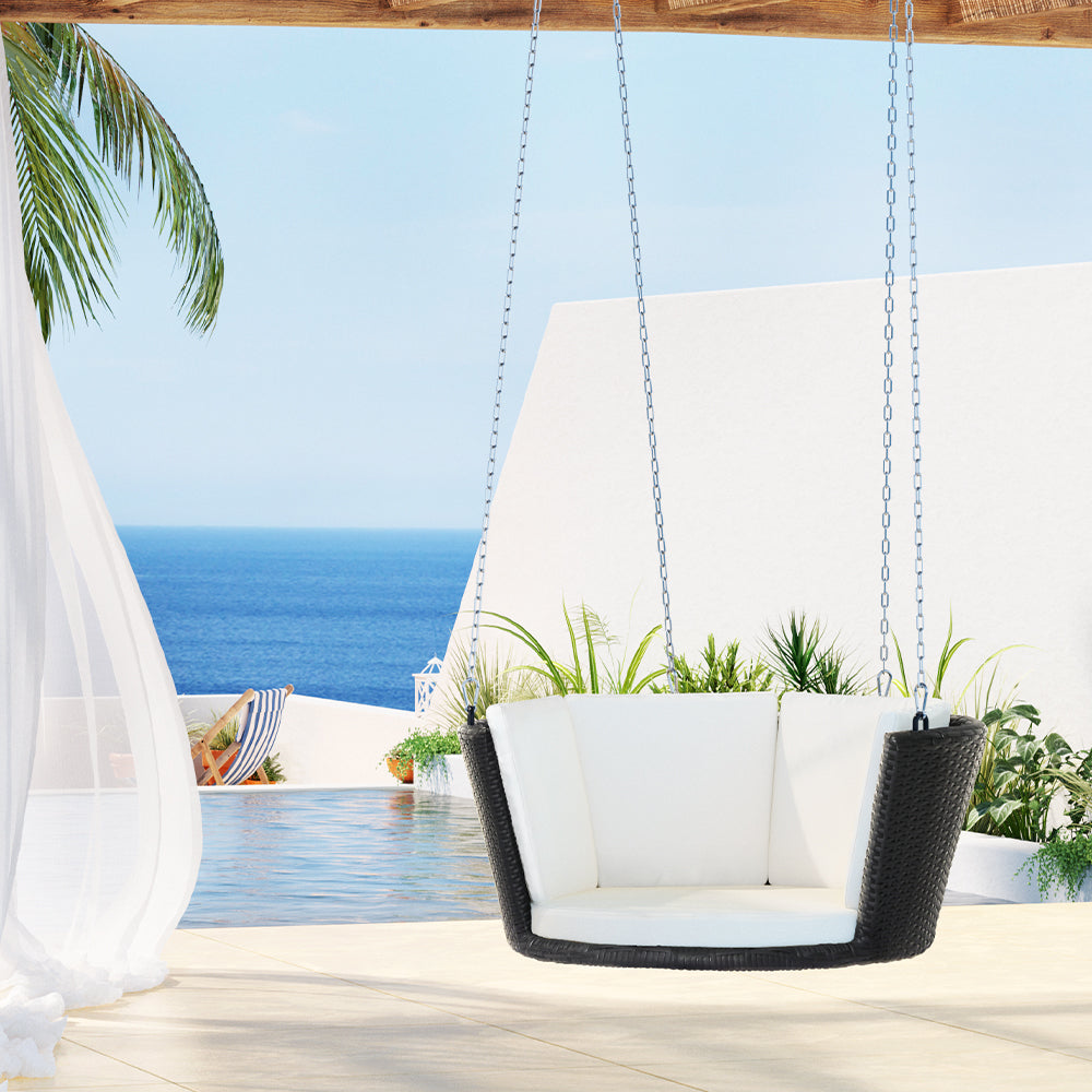 Gardeon Rattan Porch Swing Chair With Chain Cushion Outdoor Furniture Black GSC-BST-RAN-1S-BK
