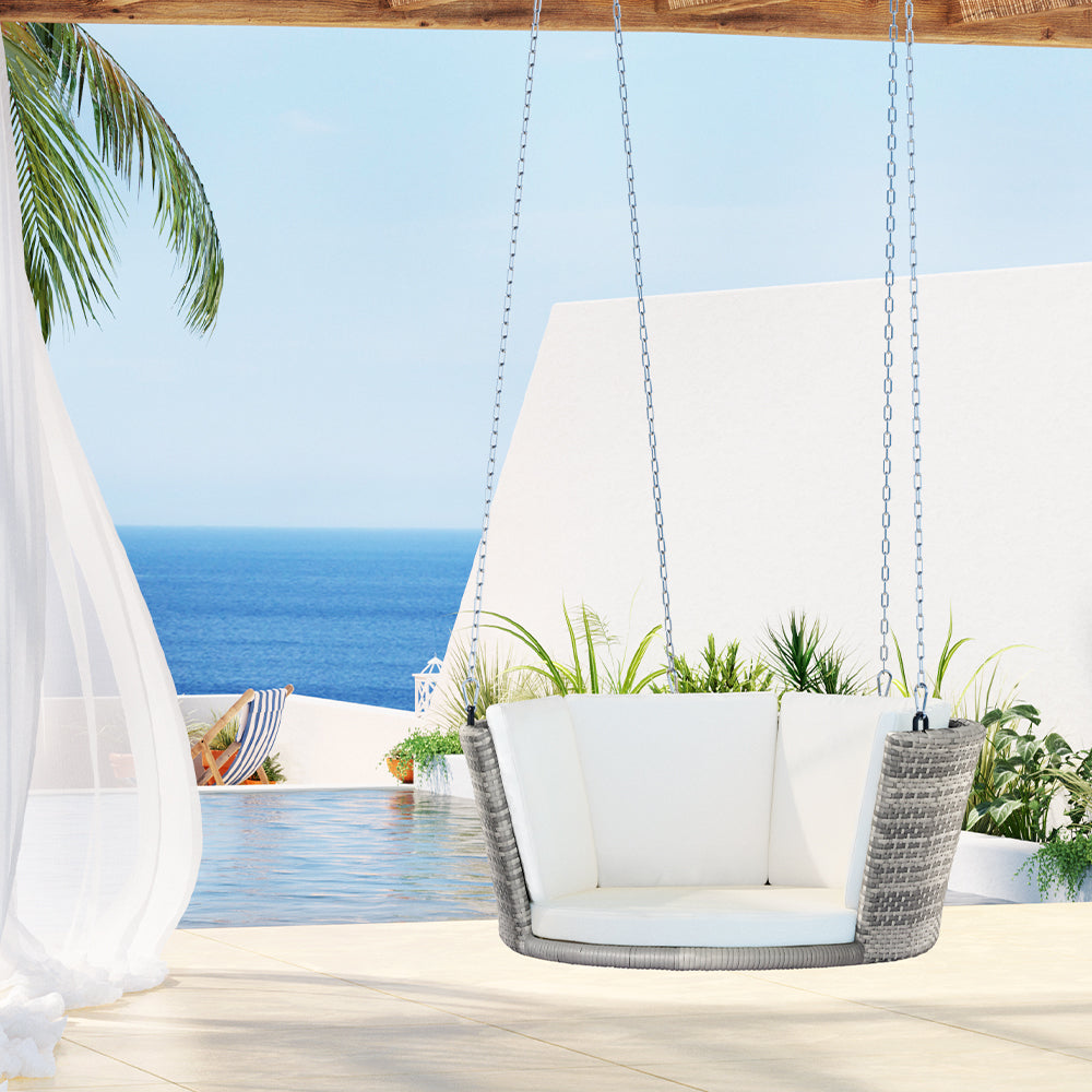 Gardeon Rattan Porch Swing Chair With Chain Cushion Outdoor Furniture Grey GSC-BST-RAN-1S-LGR