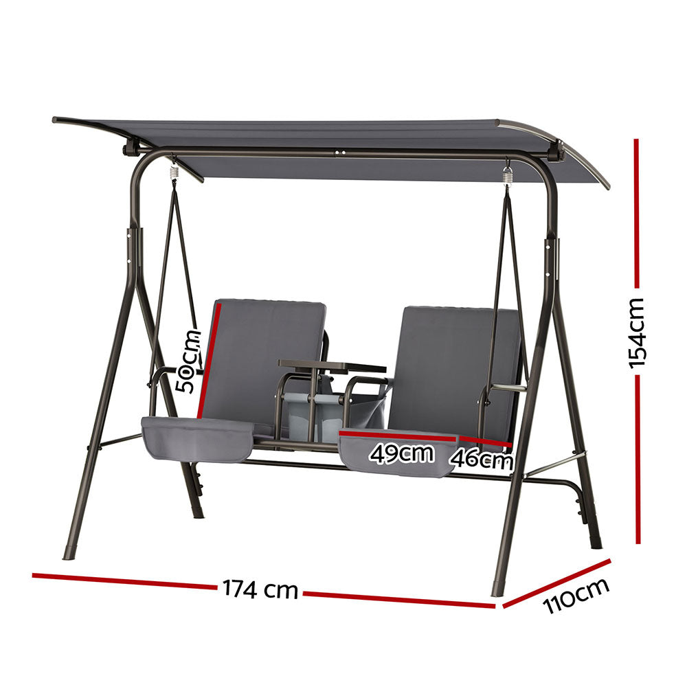 Gardeon Outdoor Swing Chair Garden Chair Canopy Cup Holder 2 Seater Grey GSC-NFS-2S-CUP-GR