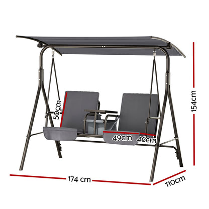 Gardeon Outdoor Swing Chair Garden Chair Canopy Cup Holder 2 Seater Grey GSC-NFS-2S-CUP-GR