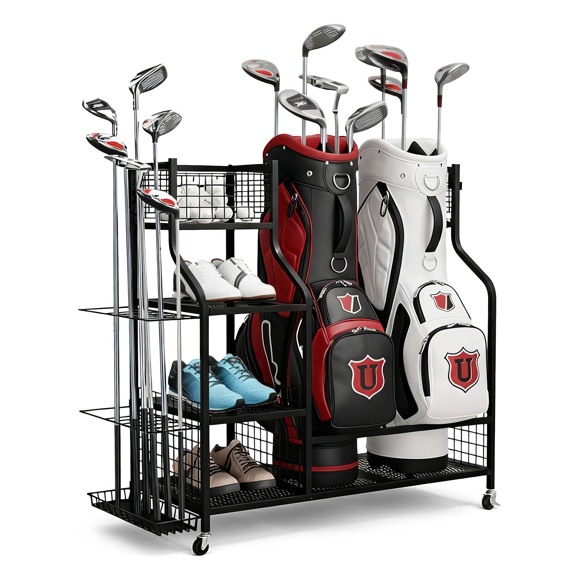 Everfit Golf Bag Storage Golf Storage Garage Organizer with Wheels Black GSR-A-2T-BL