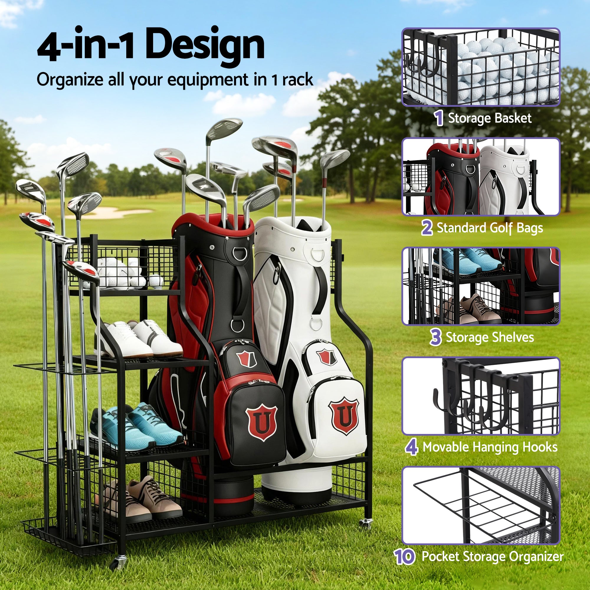 Everfit Golf Bag Storage Golf Storage Garage Organizer with Wheels Black GSR-A-2T-BL