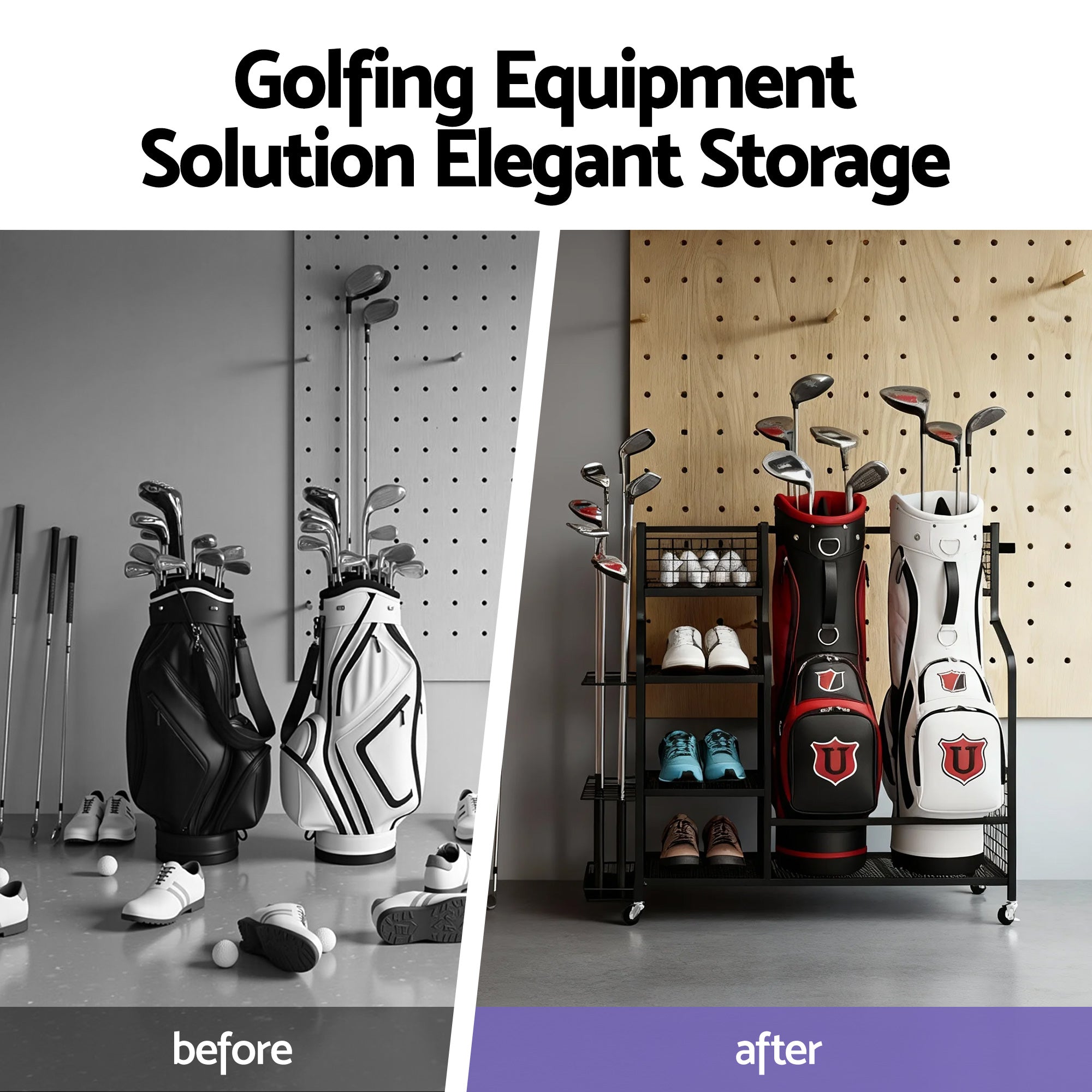Everfit Golf Bag Storage Golf Storage Garage Organizer with Wheels Black GSR-A-2T-BL
